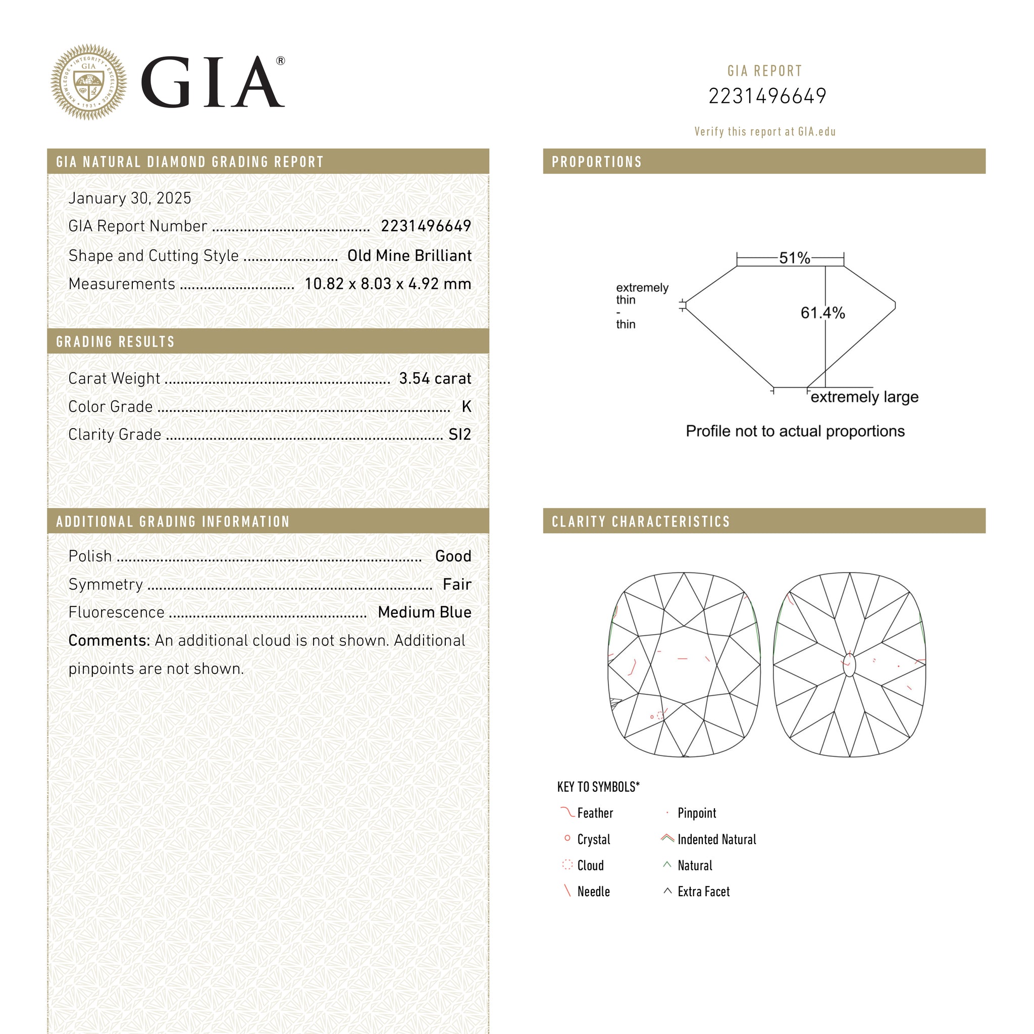 3.54ct 10.82x8.03x4.92mm GIA SI2 K Antique Old Mine Cut 25920-01