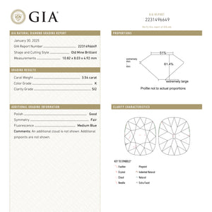 3.54ct 10.82x8.03x4.92mm GIA SI2 K Antique Old Mine Cut 25920-01