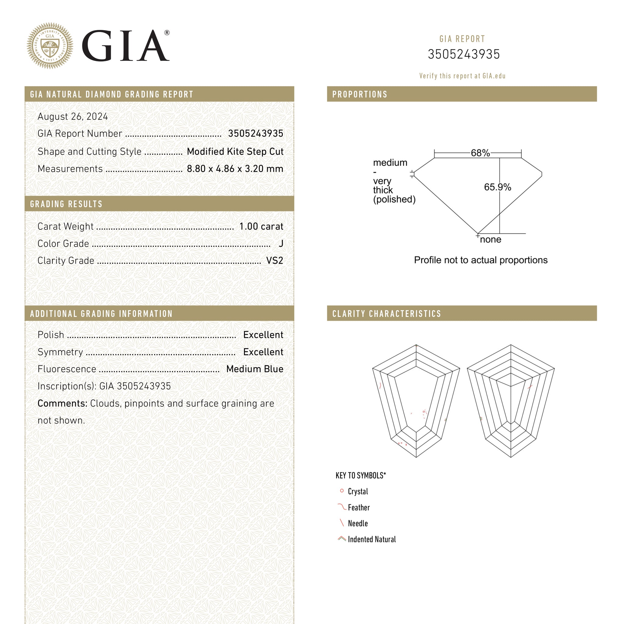 1.00ct 8.80x4.86x3.20mm GIA VS2 J Kite Step Cut 25909-01