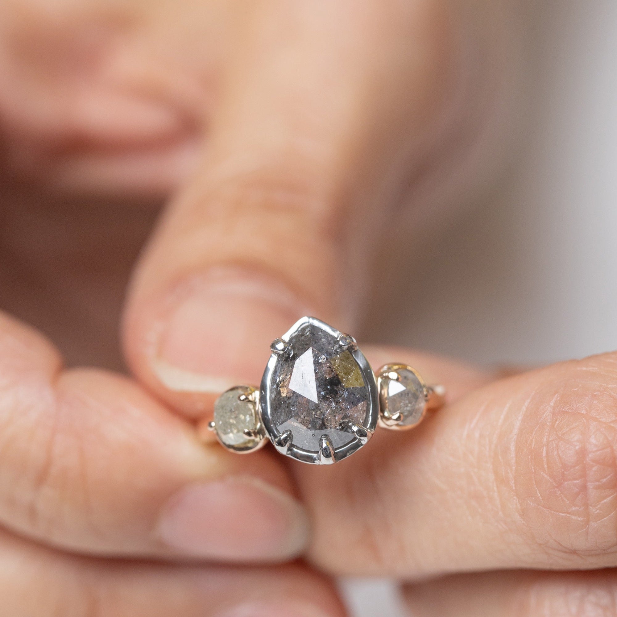 2.72ct Pear and Round Rosecuts <br><b> Ileava Jewelry </b>| Salt and Pepper Pear Ring