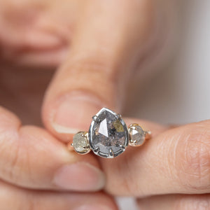 2.72ct Pear and Round Rosecuts <br><b> Ileava Jewelry </b>| Salt and Pepper Pear Ring