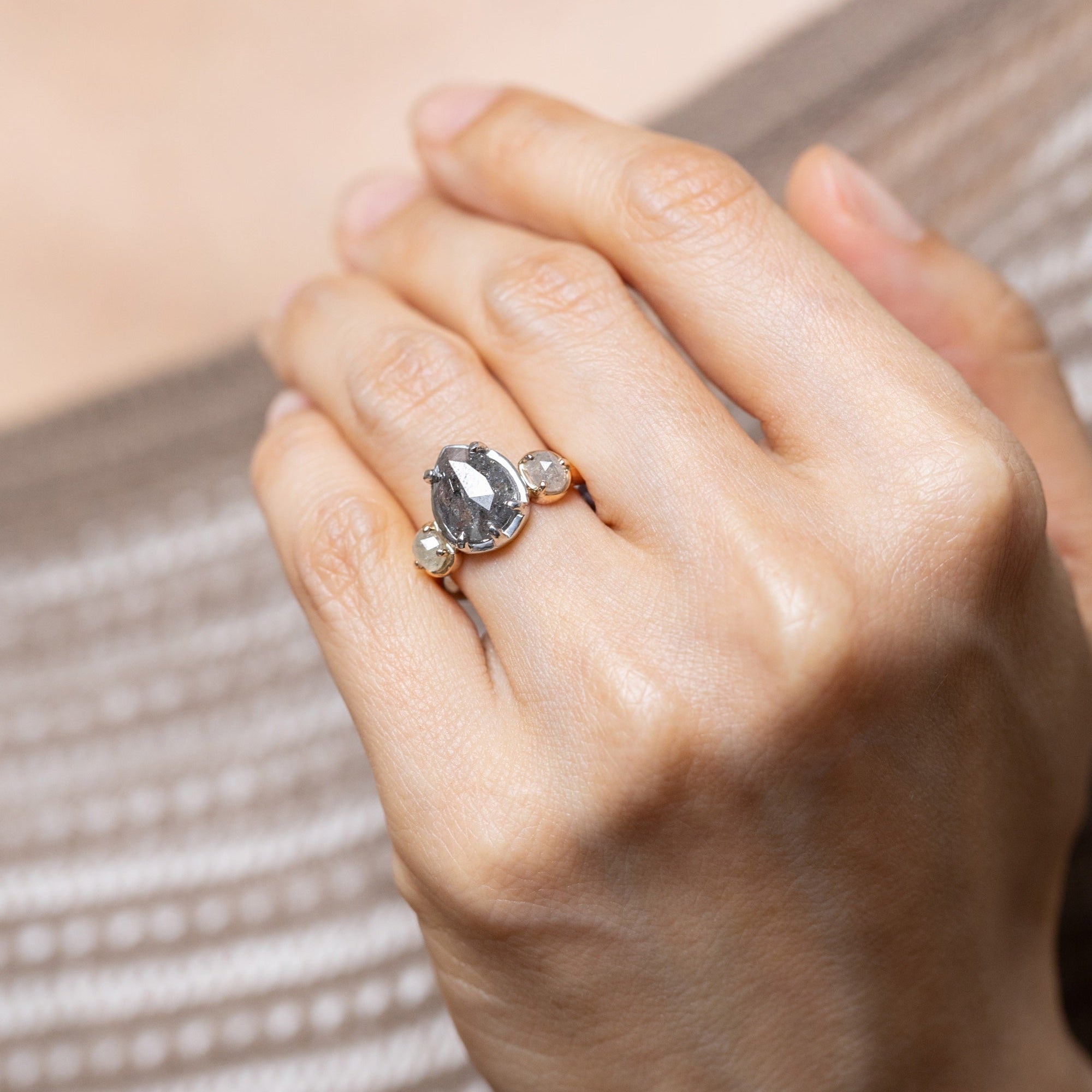 2.72ct Pear and Round Rosecuts <br><b> Ileava Jewelry </b>| Salt and Pepper Pear Ring