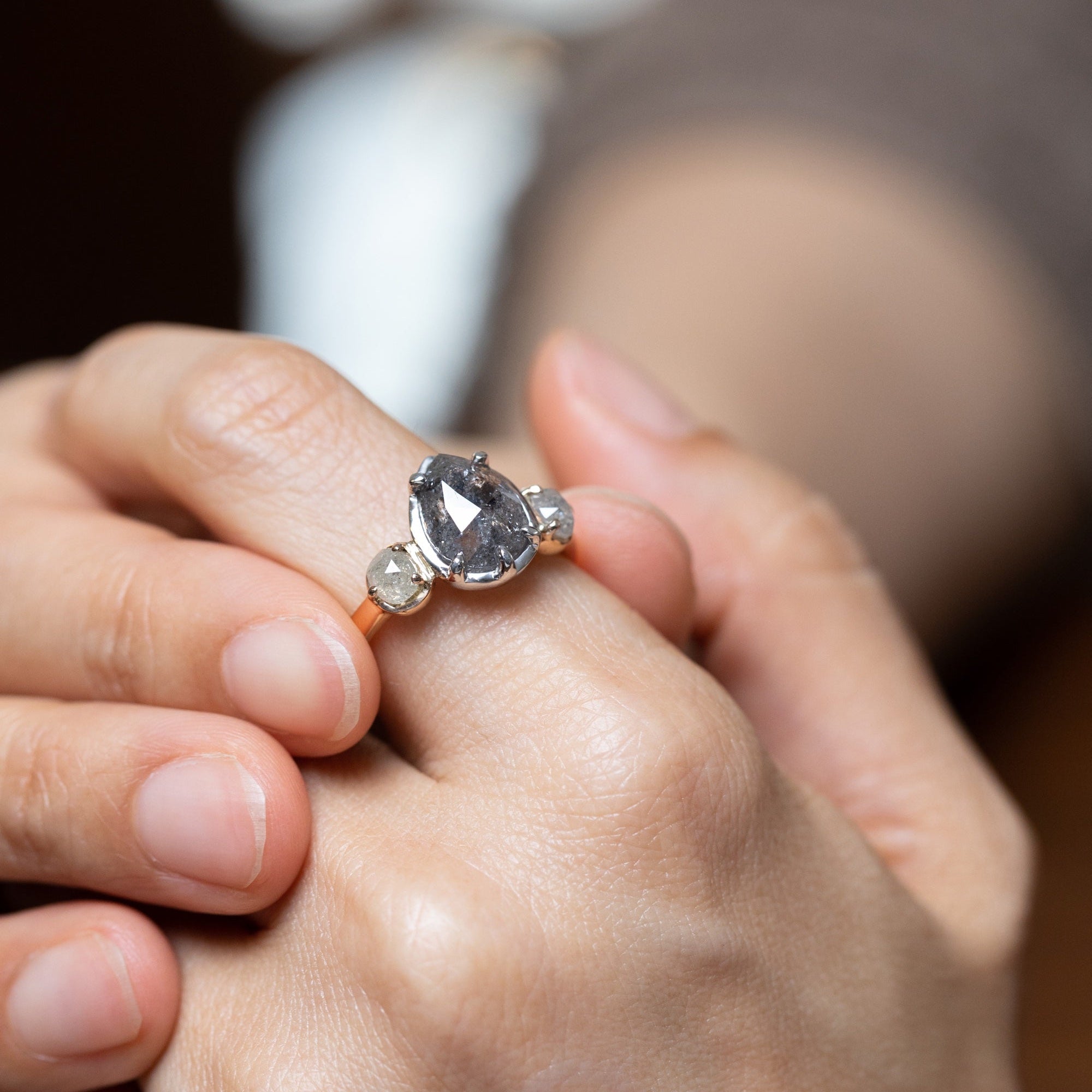 2.72ct Pear and Round Rosecuts <br><b> Ileava Jewelry </b>| Salt and Pepper Pear Ring