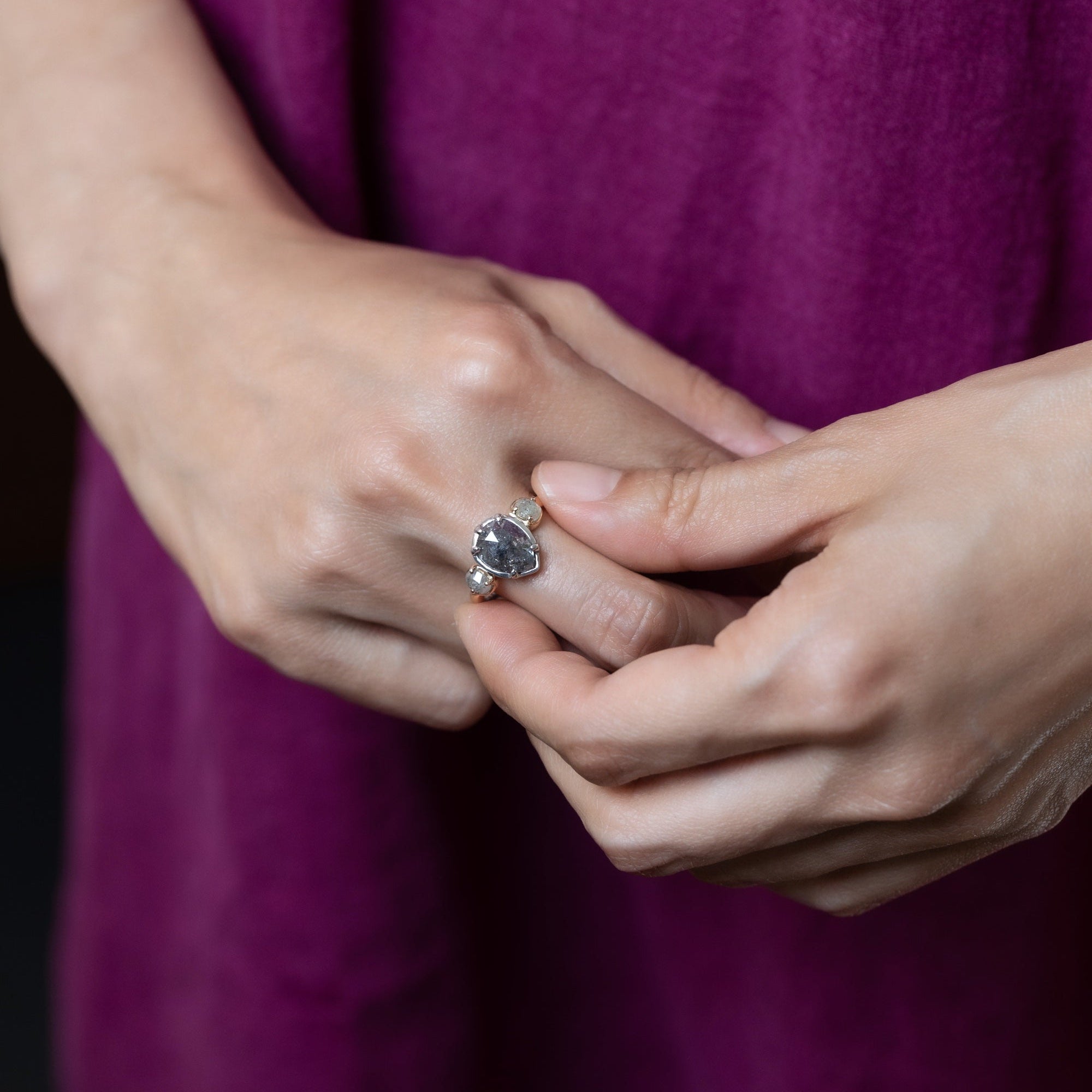 2.72ct Pear and Round Rosecuts <br><b> Ileava Jewelry </b>| Salt and Pepper Pear Ring