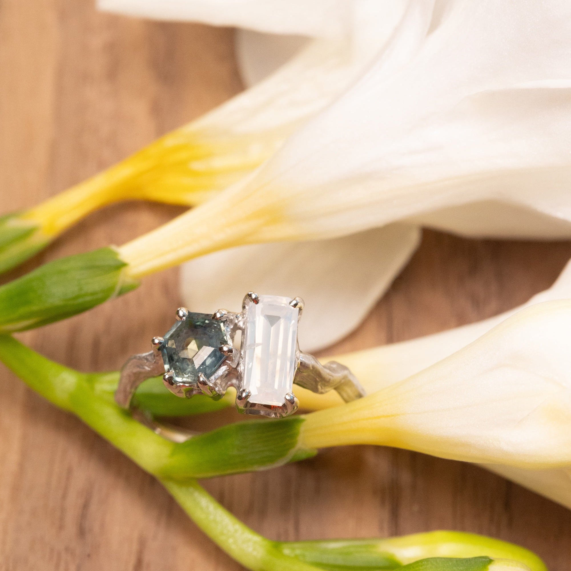 1.04ct Cut Corner Rectangle Brilliant Diamond + 0.87ct Hexagon Step Cut Sapphire <br><b> Ileava Jewelry </b>| Branch - Toi et Moi Ring