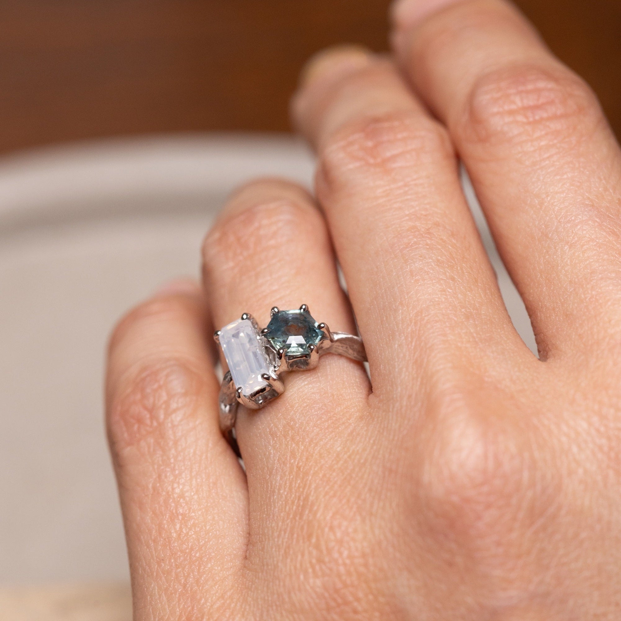 1.04ct Cut Corner Rectangle Brilliant Diamond + 0.87ct Hexagon Step Cut Sapphire <br><b> Ileava Jewelry </b>| Branch - Toi et Moi Ring