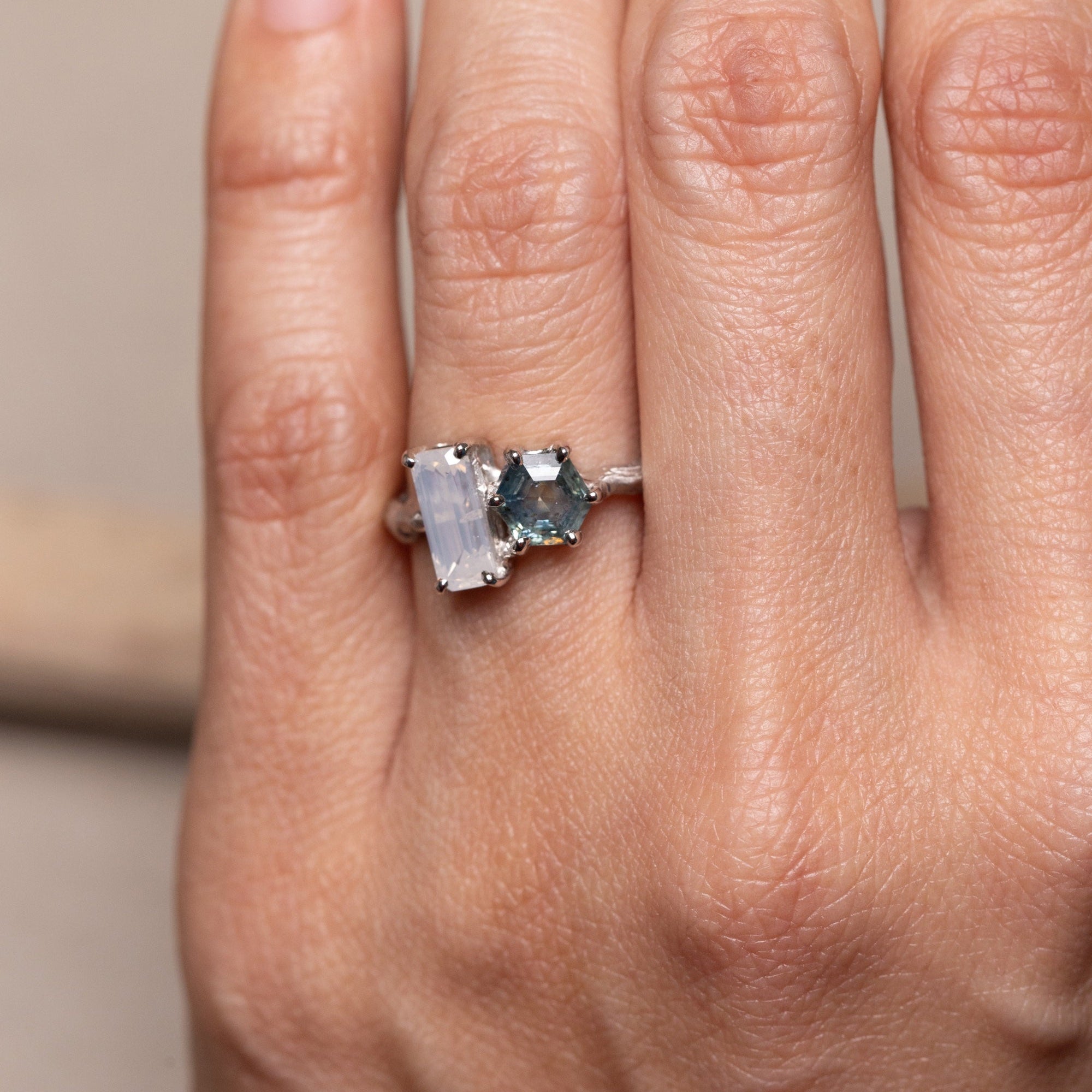 1.04ct Cut Corner Rectangle Brilliant Diamond + 0.87ct Hexagon Step Cut Sapphire <br><b> Ileava Jewelry </b>| Branch - Toi et Moi Ring