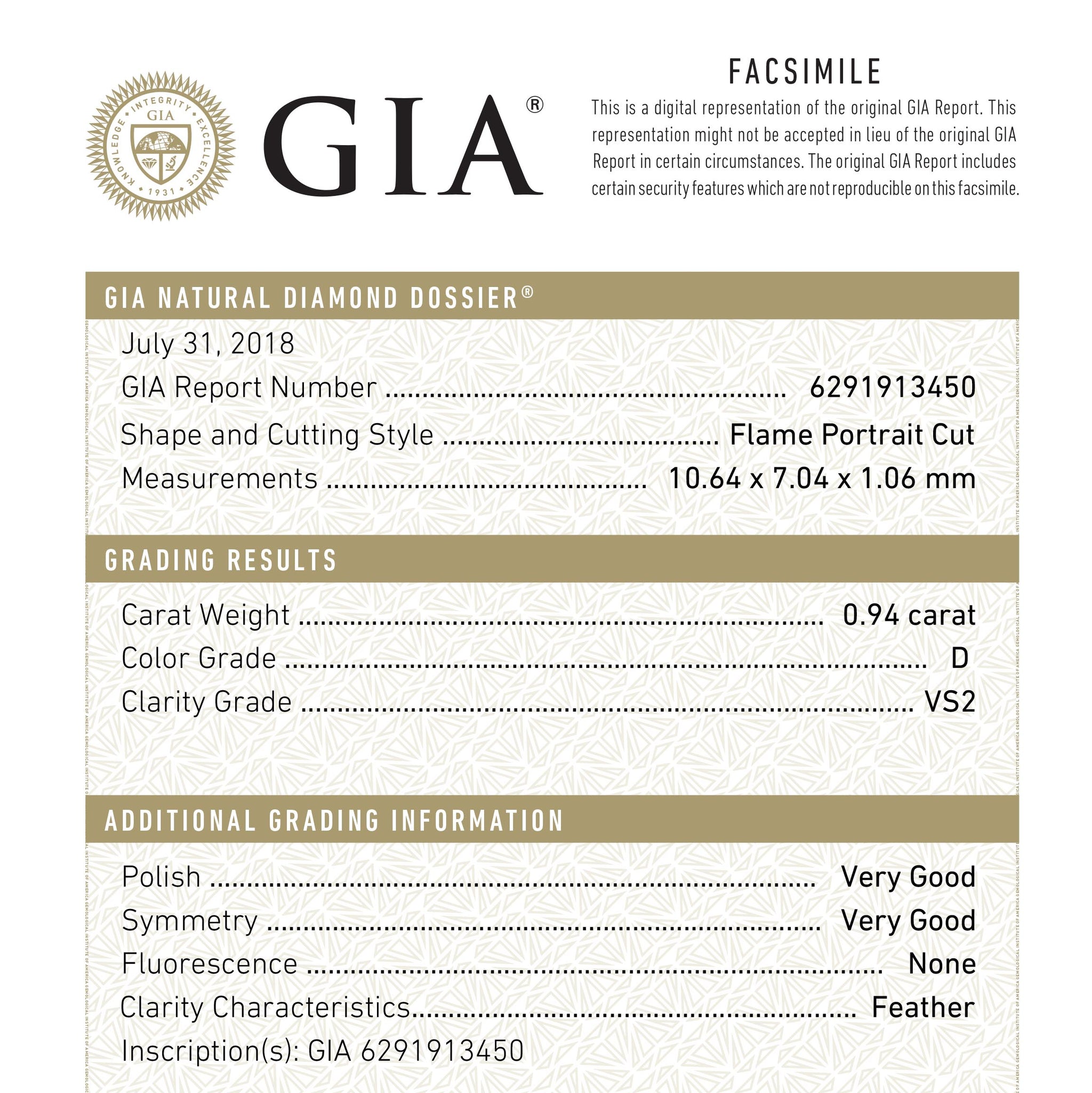 0.94ct 10.64x7.04x1.06mm GIA VS2 D Flame Portrait Cut 26745-01