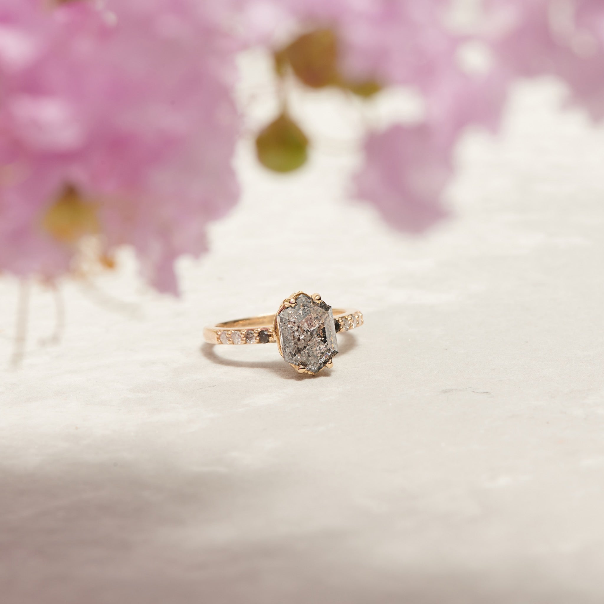 Grace | 3.05ct Elongated Hexagon Salt & Pepper Diamond Engagement Ring with Ombre Diamond Pave Band - MTD