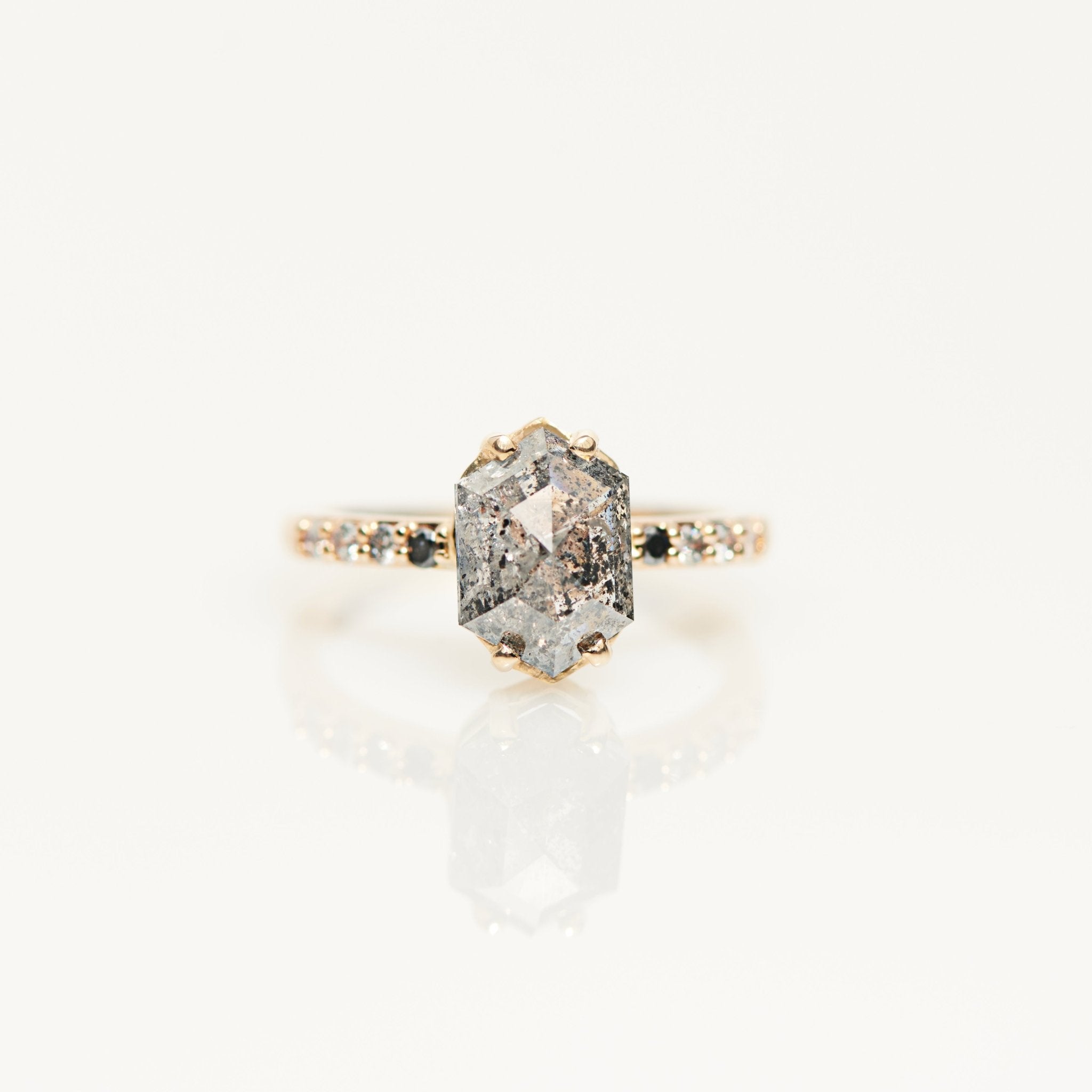 Grace | 3.05ct Elongated Hexagon Salt & Pepper Diamond Engagement Ring with Ombre Diamond Pave Band - MTD