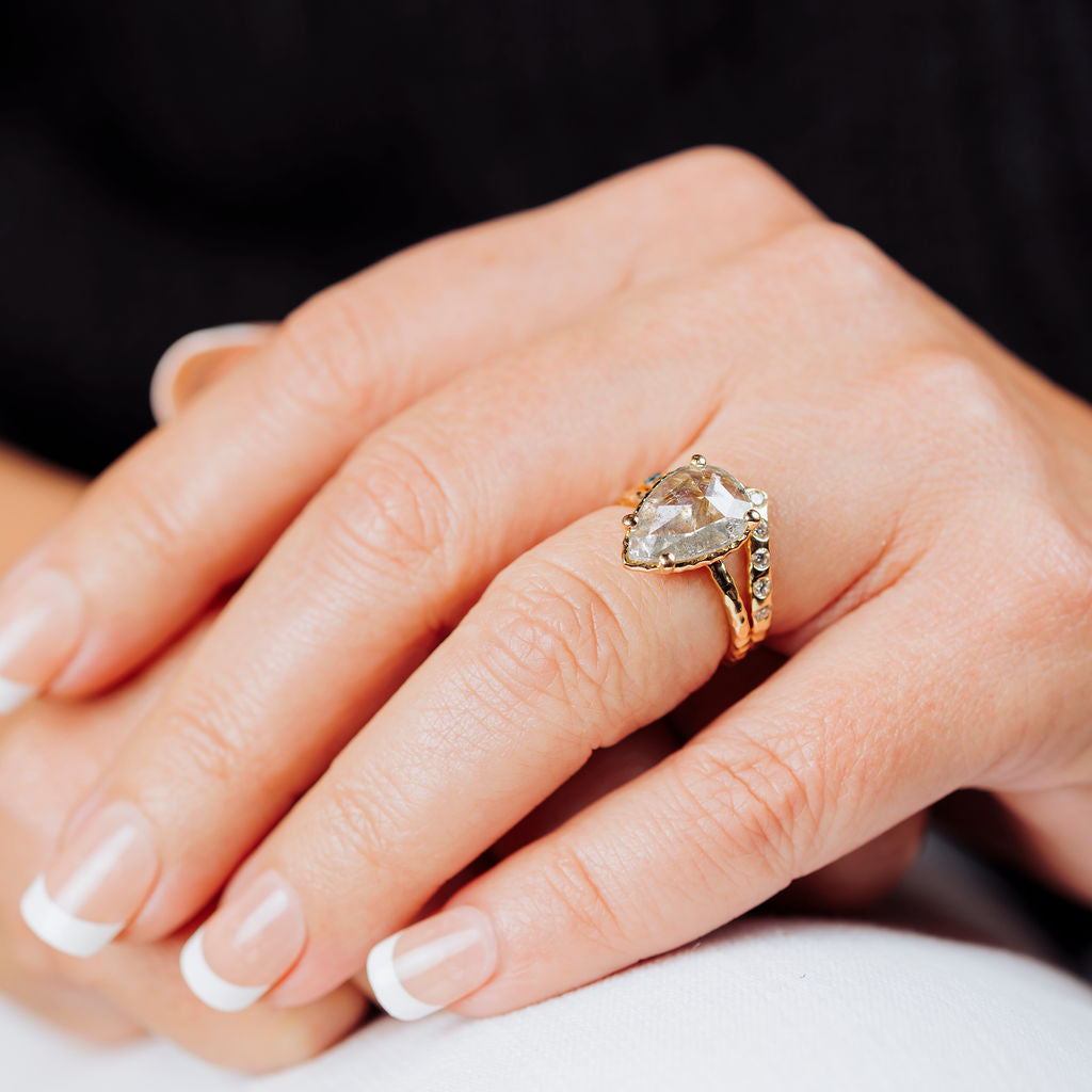 4.50ct Pear Rosecut <br><b> Melissa Tyson Designs</b>| Guinevere Hammered Halo Engagement Ring