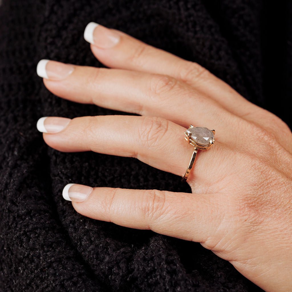 Silver Pear Salt and Pepper Diamond Engagement Ring with Hammered Band - MTD
