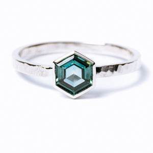 Teal Hexagon Sapphire Engagement Ring with Bezel Setting and Hammered Band - MTD