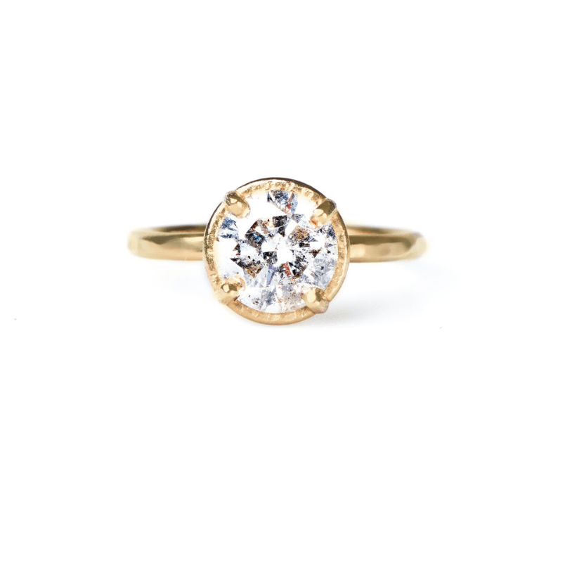 Silver Lining Round 1.8ct Salt and Pepper Diamond Engagement Ring Hammered Halo Hammered 14k Gold Band - MTD