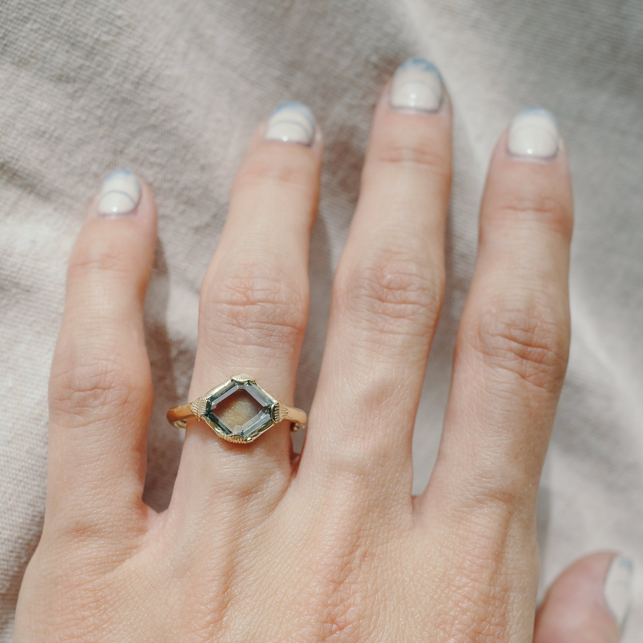 1.63ct Hexagon Portrait Cut Sapphire <br> <b>We Are Arrow </b>| Green Portrait Cut Sapphire Ring