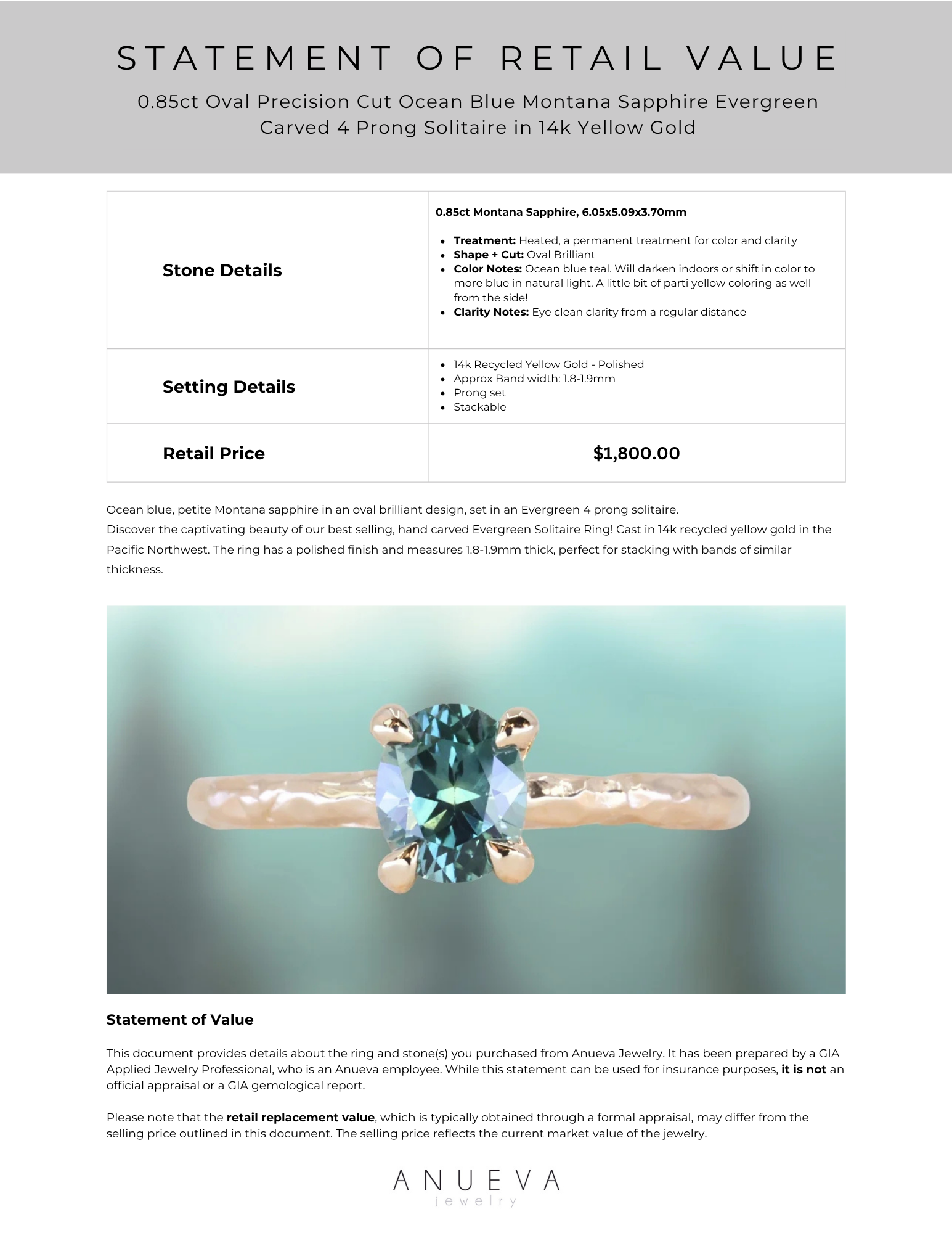 0.85ct Oval Brilliant Sapphire <br><b> Anueva Jewelry</b> | Evergreen Carved 4 Prong Solitaire