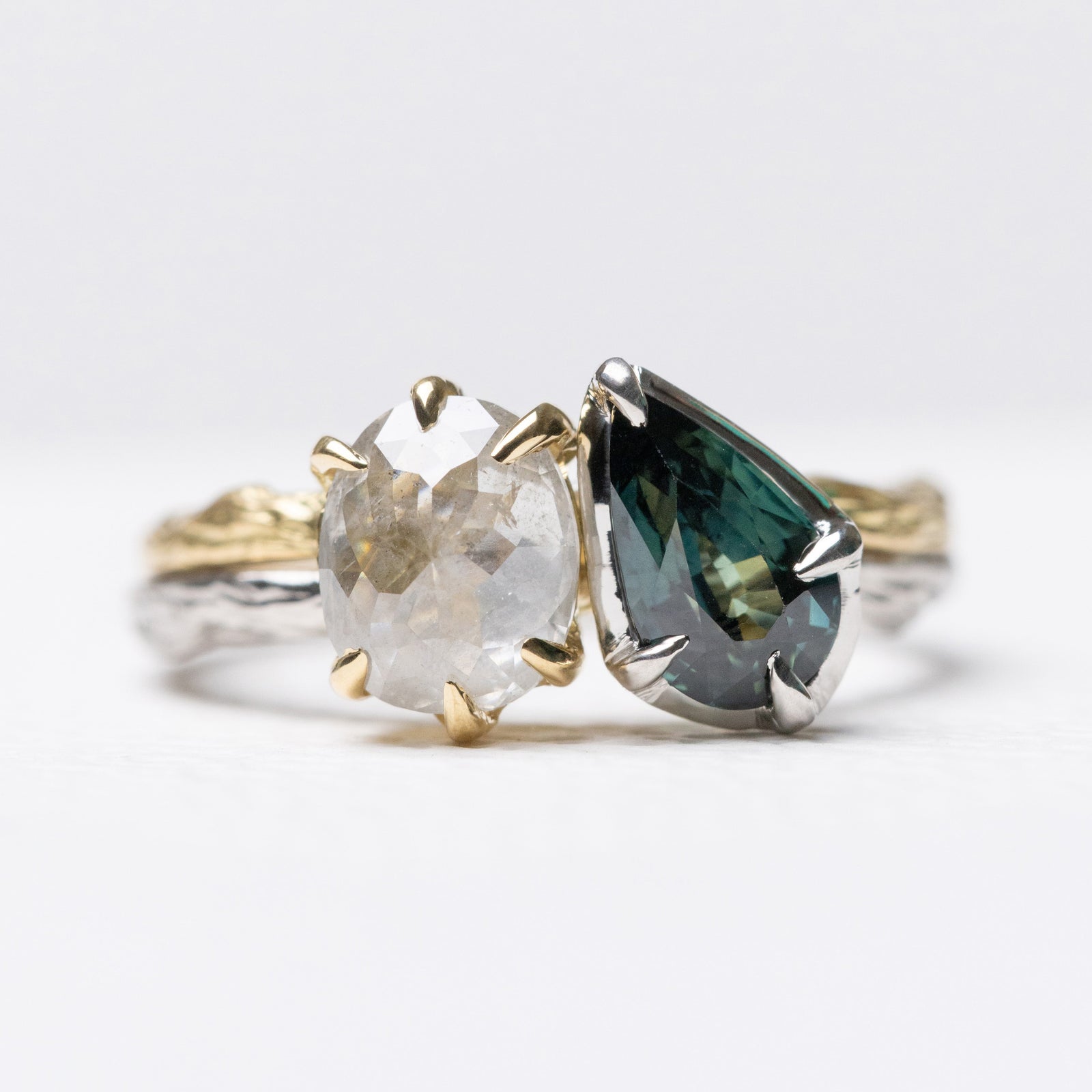 2.65cttw 2pc Pear Brilliant Sapphire and Round Rosecut <br><b> Ileava Jewelry</b> | Branch Always Together Ring