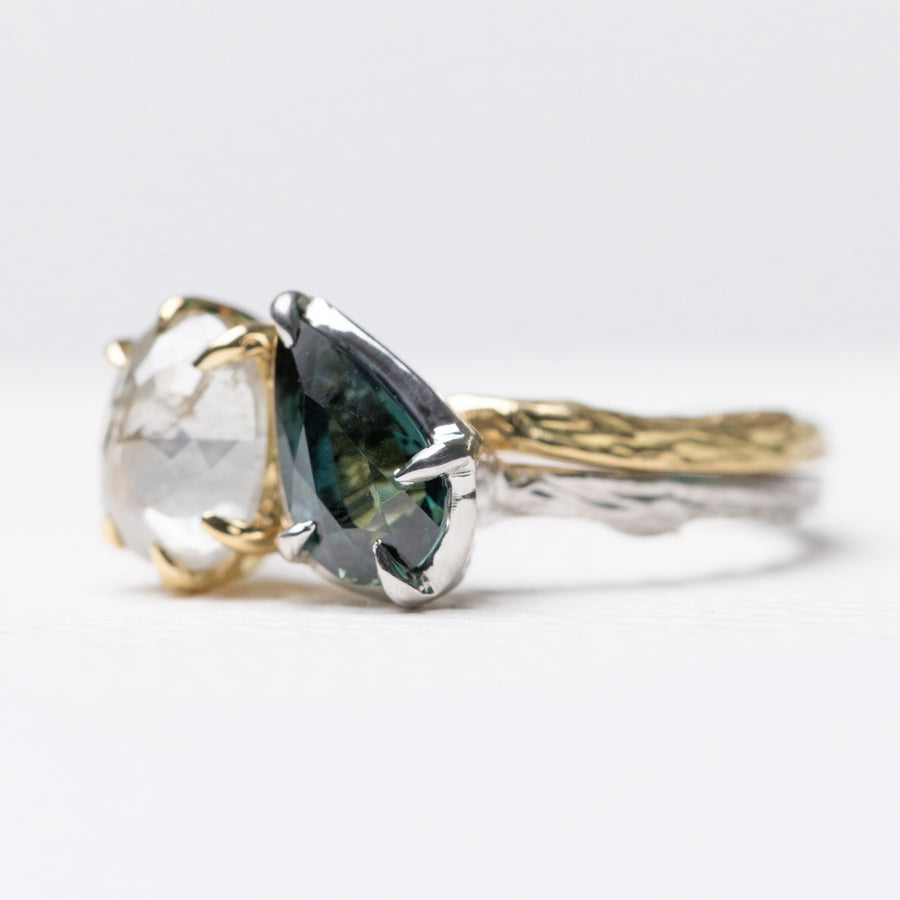 2.65cttw 2pc Pear Brilliant Sapphire and Round Rosecut <br><b> Ileava Jewelry</b> | Branch Always Together Ring