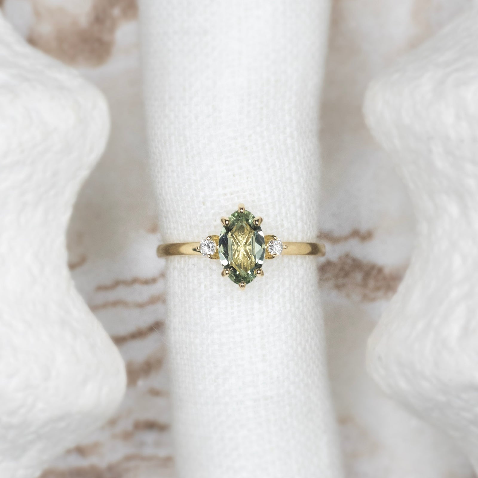 0.93ct Green Rose Cut Stella Triad Ring - Lelya - bespoke engagement and wedding rings made in Scotland, UK