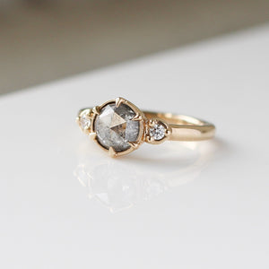 Rose Cut Salt and Pepper Diamond Ring detailed quarter side view