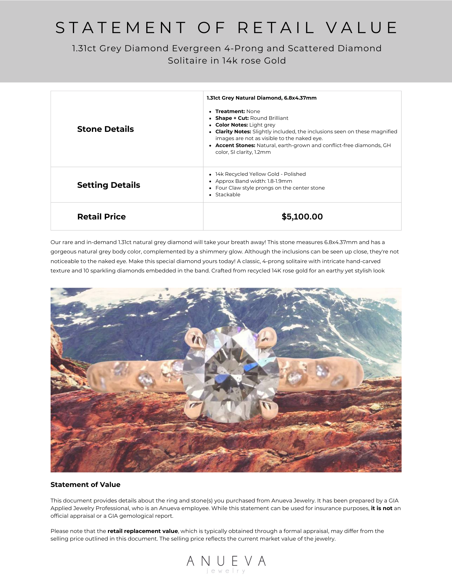 1.31ct Fancy Grey Round Brilliant <br><b> Anueva Jewelry </b>| Evergreen 4-Prong and Scattered Diamond Solitaire