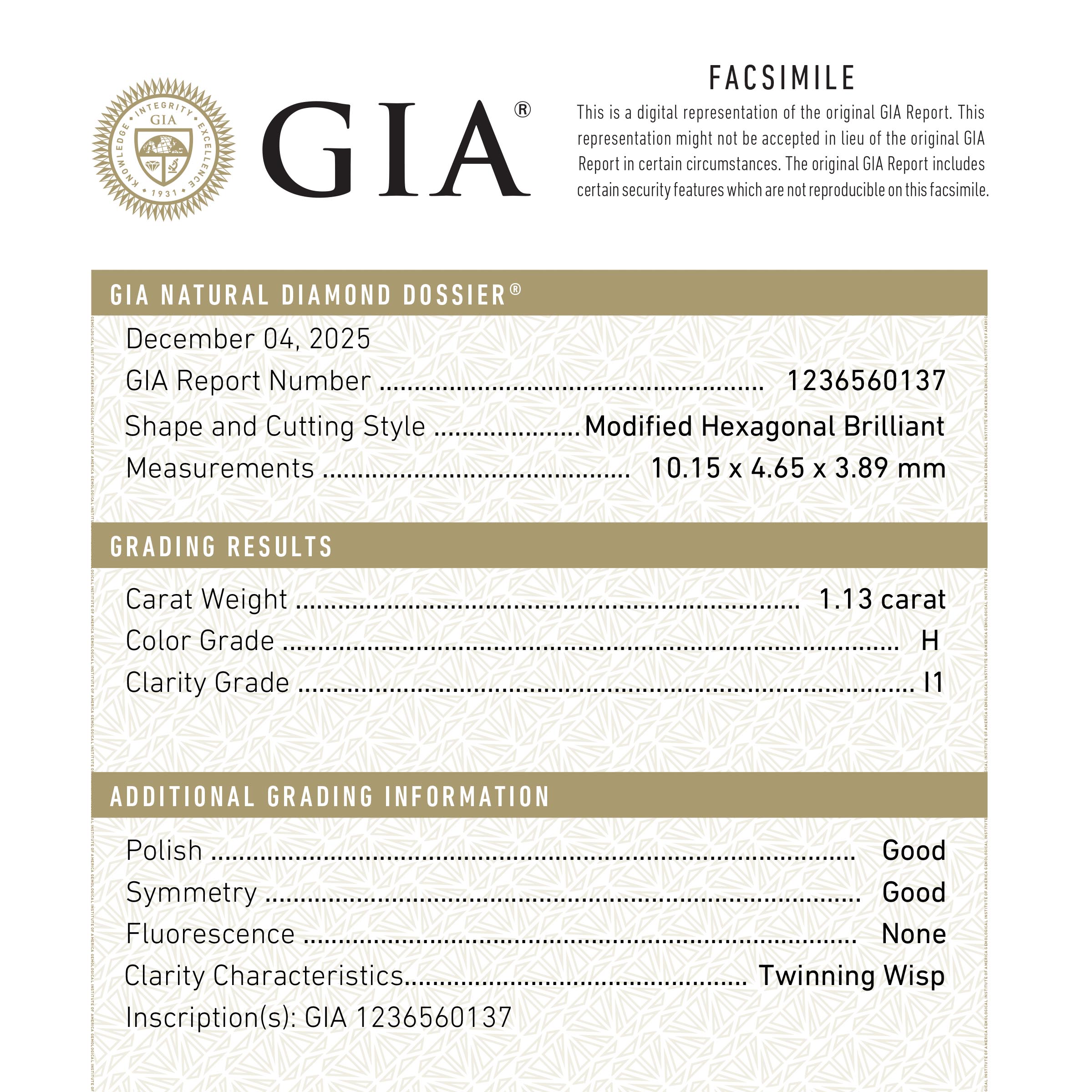 1.13ct 10.15x4.65x3.89mm GIA H I1 Hexagon Brilliant 27391-01