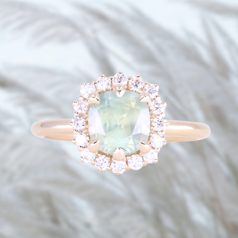 2.18ct"Old Mine Cushion" cut Silky Light Green Montana Sapphire Antique-Style Diamond Halo Ring in 14k Yellow Gold
