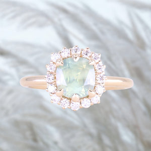 2.18ct"Old Mine Cushion" cut Silky Light Green Montana Sapphire Antique-Style Diamond Halo Ring in 14k Yellow Gold
