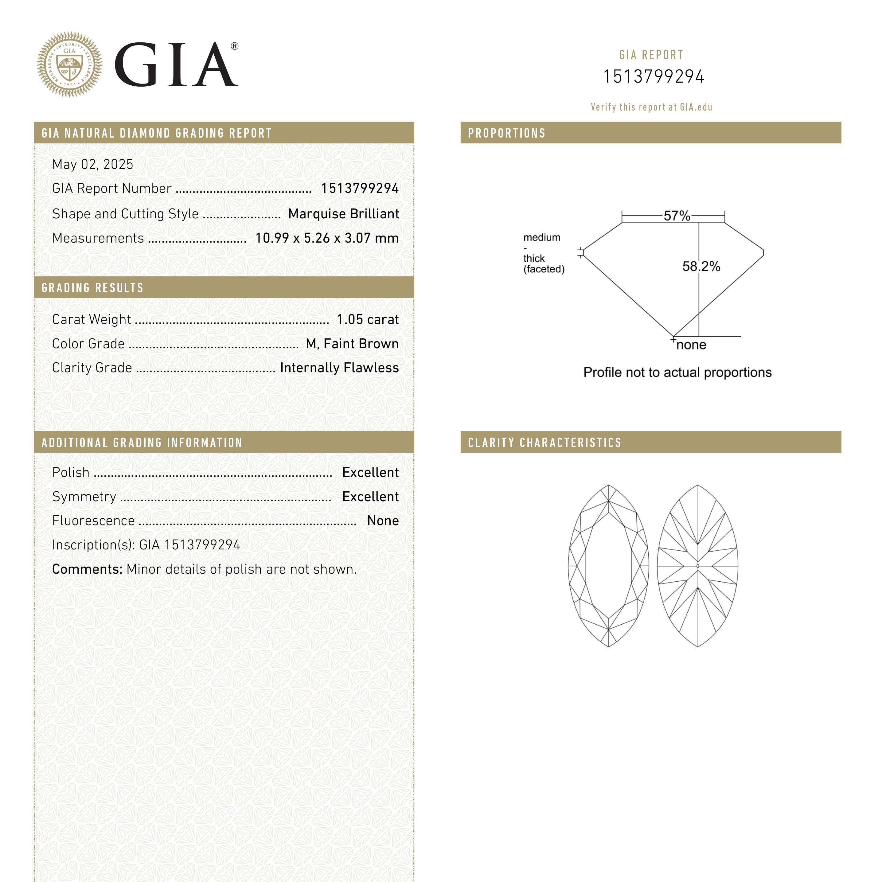 1.05ct 10.99x5.26x3.07mm GIA Internally Flawless M Marquise Brilliant 27091-01