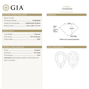 1.28ct 9.24x6.28x3.17mm GIA VVS2 M Pear Brilliant 28021-01