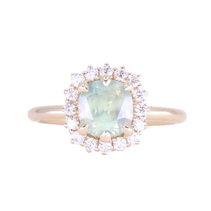 2.18ct"Old Mine Cushion" cut Silky Light Green Montana Sapphire Antique-Style Diamond Halo Ring in 14k Yellow Gold