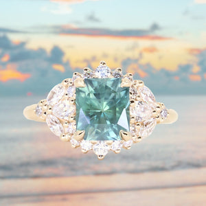 2.70ct Untreated Radiant Cut Montana Sapphire and Diamond Floral Halo in 14k Yellow Gold