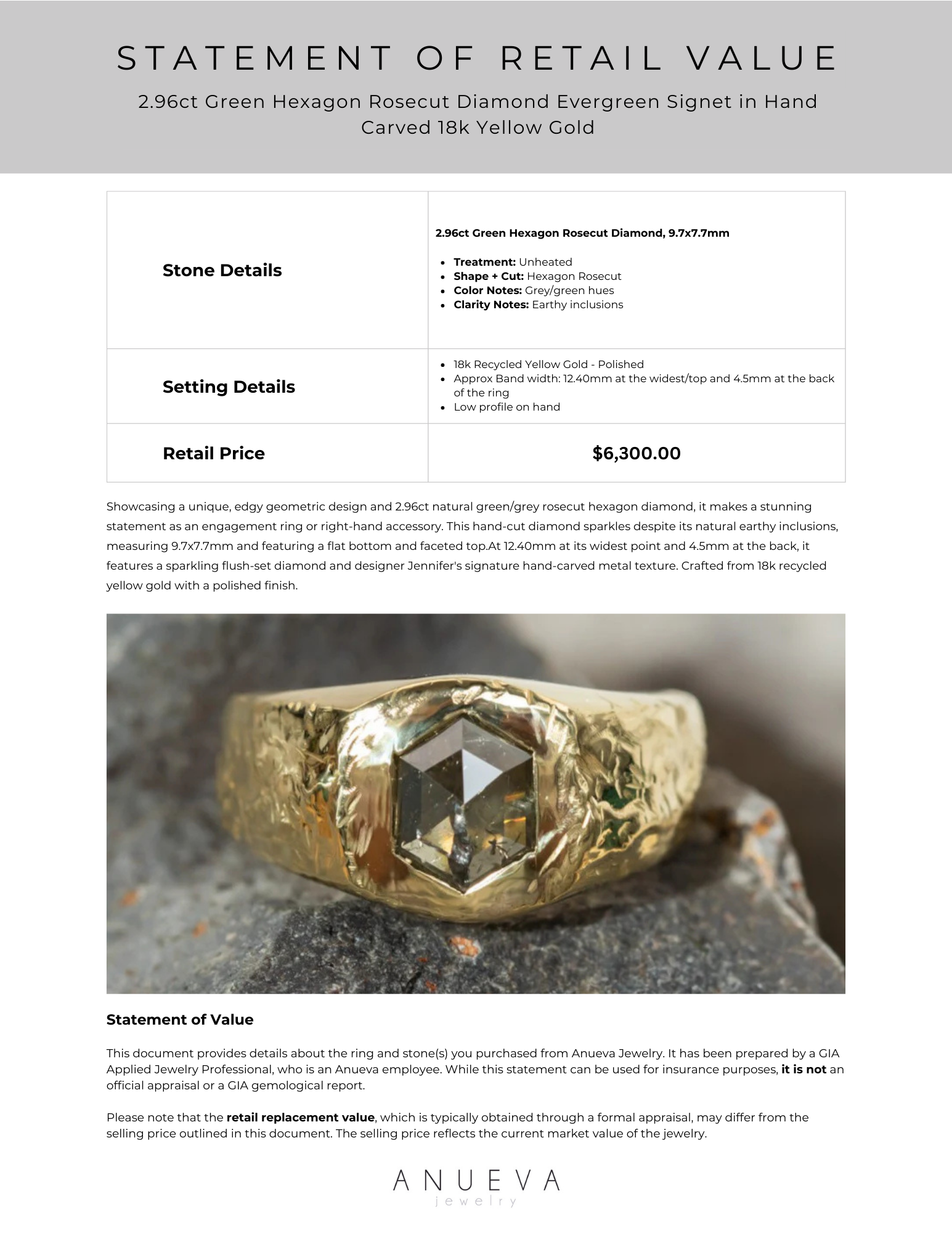 2.96ct Hexagon Rosecut <br><b> Anueva Jewelry </b>| Evergreen Signet