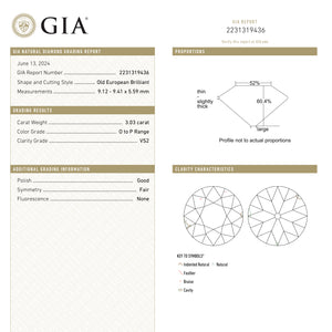 3.03ct 9.41x9.12x5.59mm GIA VS2 O-P Antique Old European Cut 26167-01