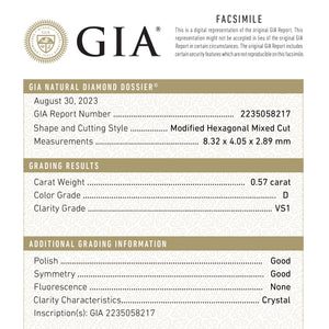 0.57ct 8.32x4.05x2.89mm GIA VS1 D Hexagon Brilliant 23791-01