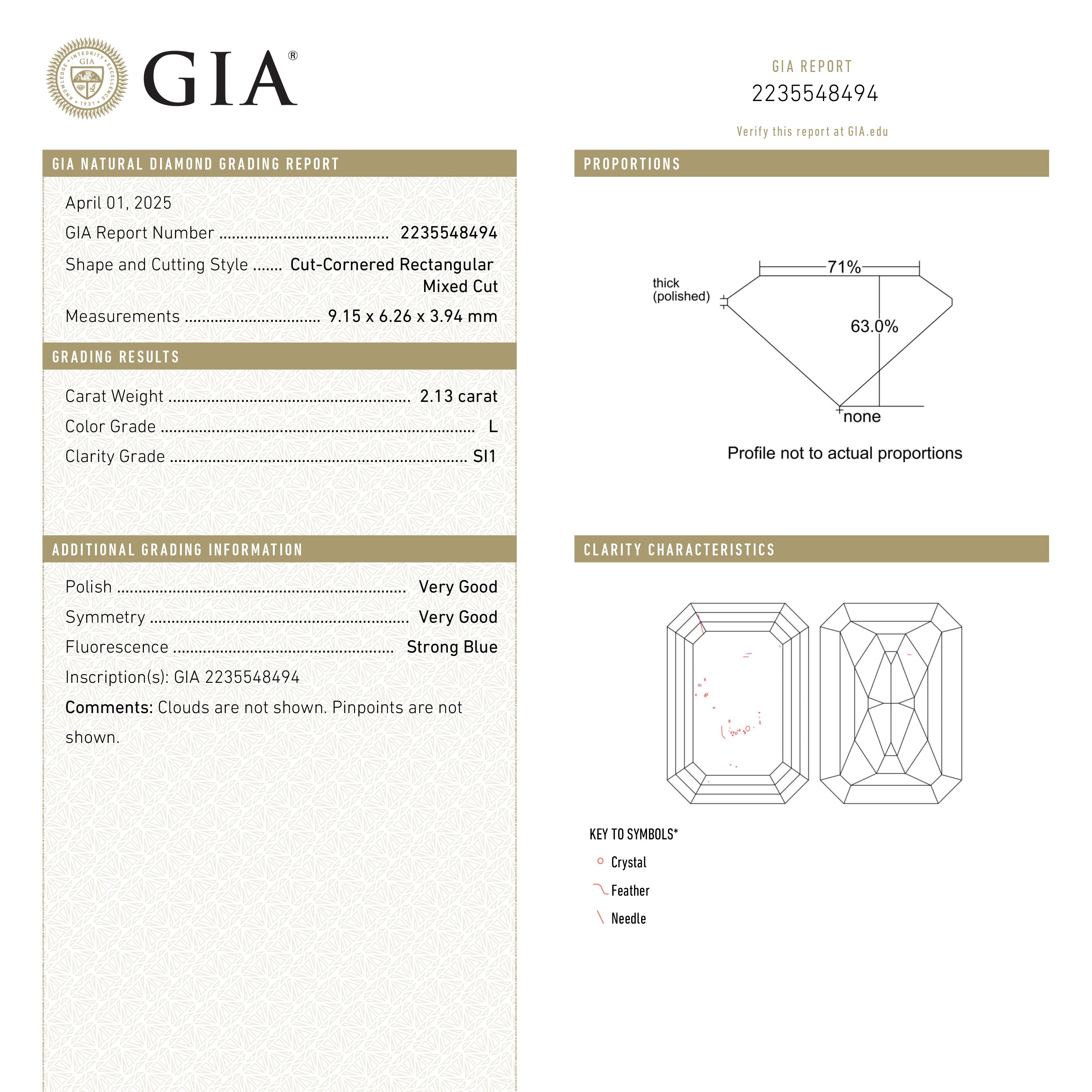 2.13ct 9.15x6.26x3.94mm GIA SI1 L Cut Corner Rectangle Brilliant 26313-01