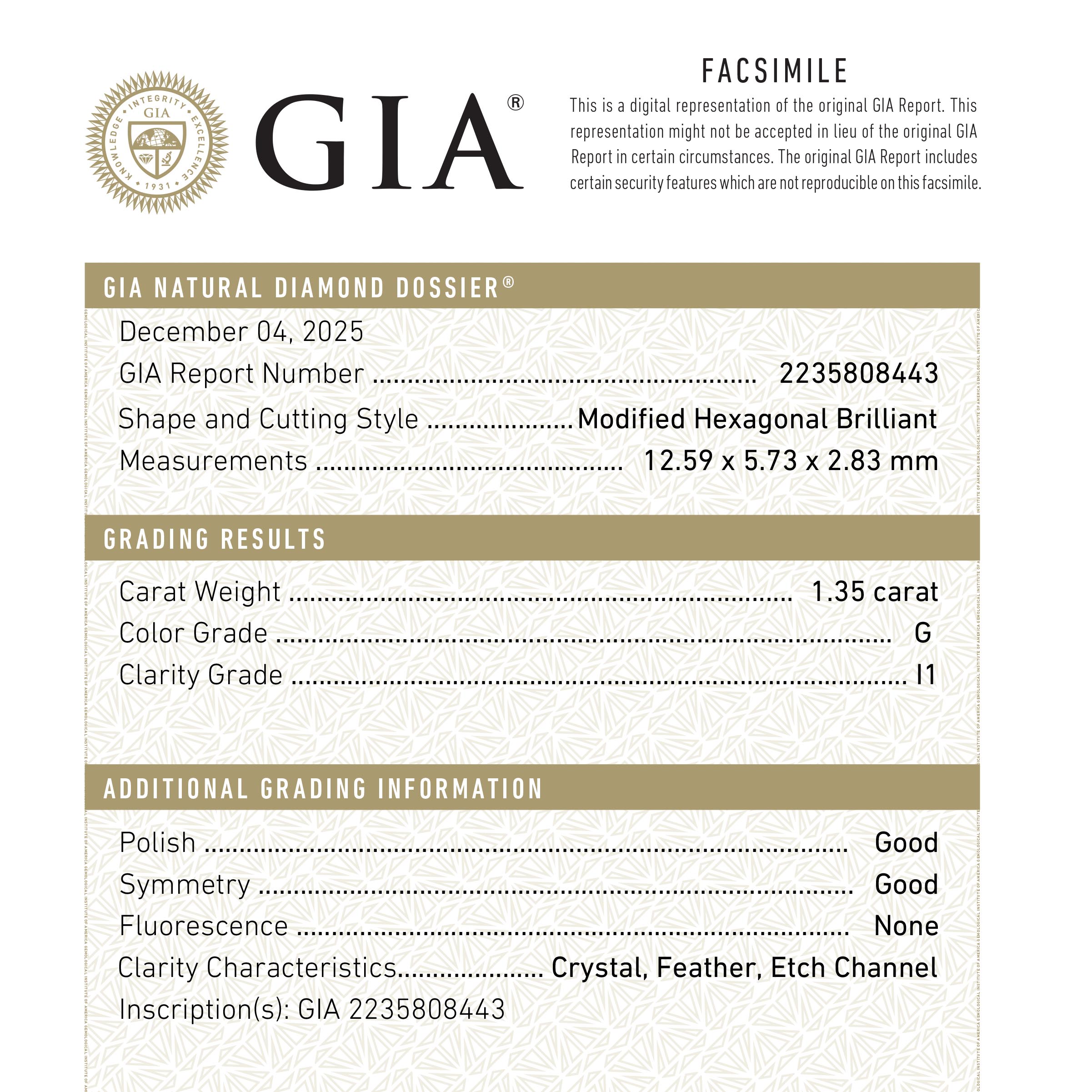 1.35ct 12.59x5.73x2.83mm GIA G I1 Hexagon Brilliant 27390-01