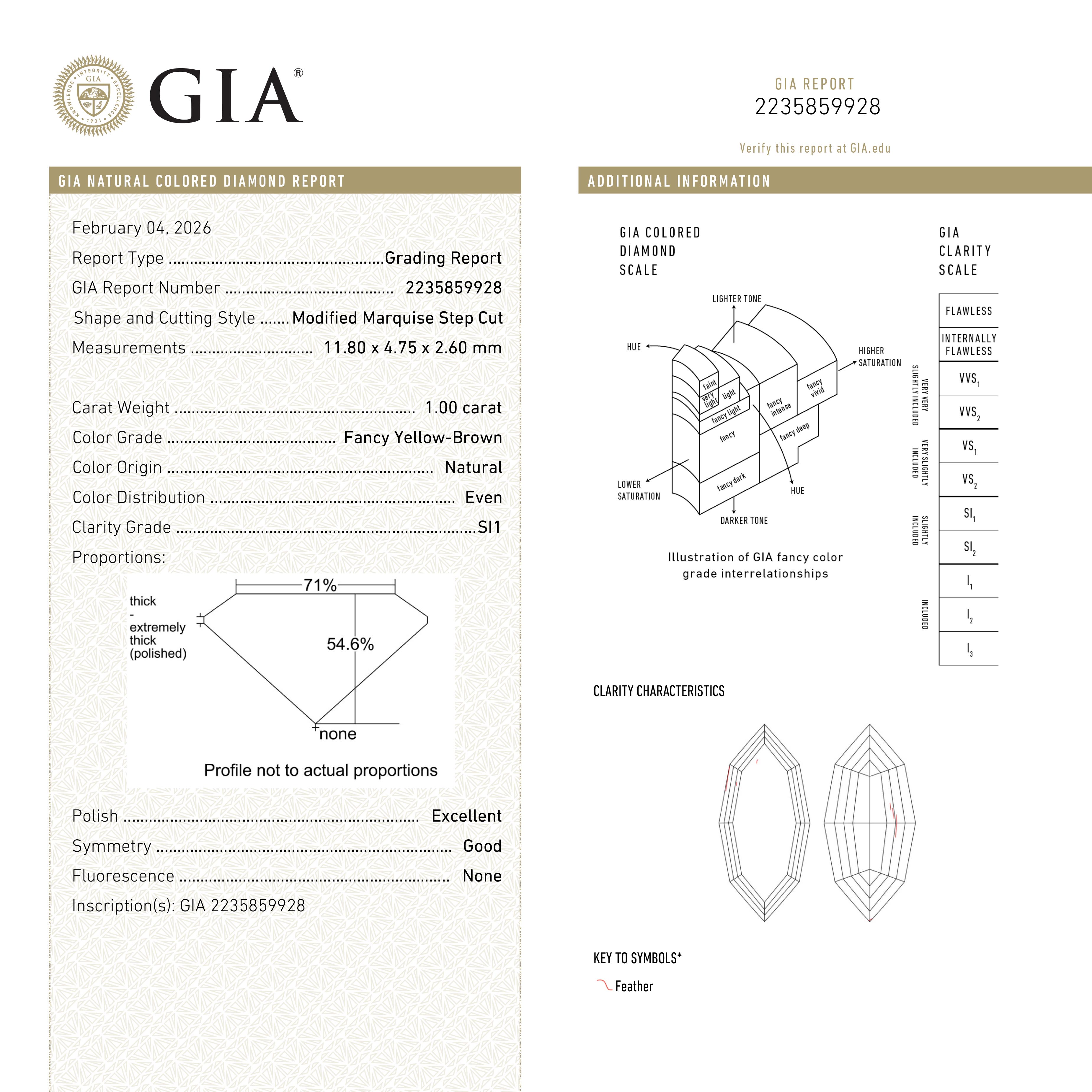 1.00ct 11.80x4.75x2.60mm GIA SI1 Fancy Yellow-Brown Geo Marquise Step Cut 🇿🇦 27524-01