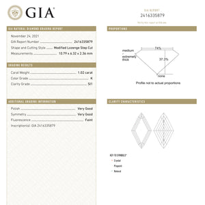 1.02ct 10.79x6.32x2.36mm GIA SI1 K Geo Lozenge Step Cut 23655-01