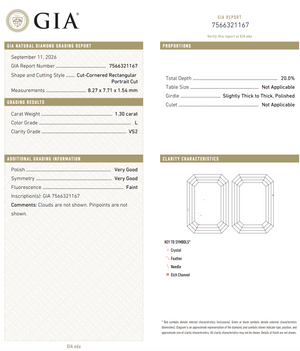 1.30ct 8.27x7.71x1.54mm GIA VS2 L Cut Corrner Rectangle Portrait Cut 28328-01
