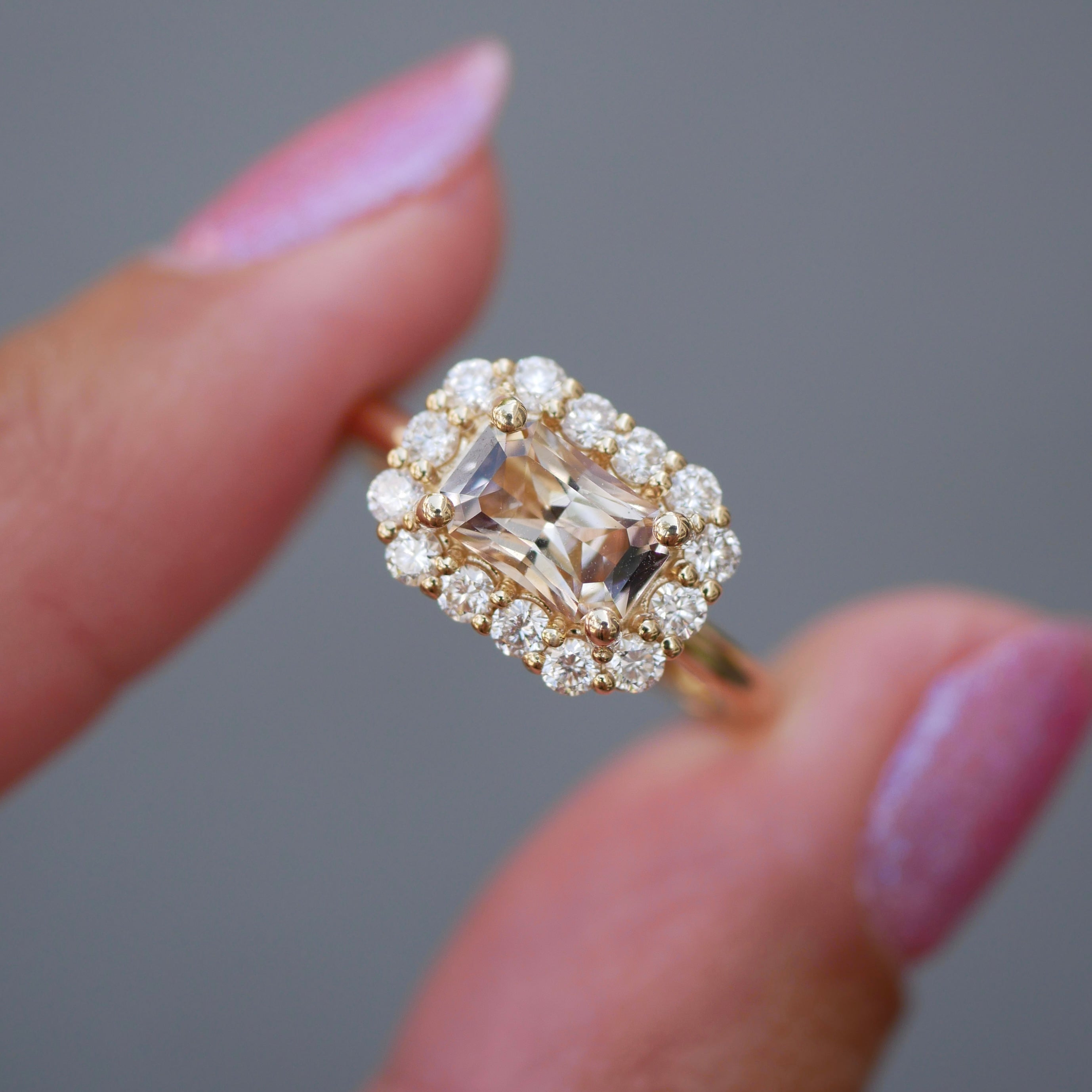 1.16ct Cut Corner Rectangle Brilliant Sapphire<br><b> Emily Warden Designs </b>| Peach Sapphire Diana Ring