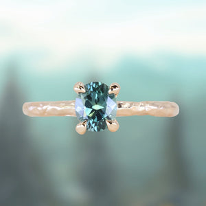 0.85ct Oval Precision Cut Ocean Blue Montana Sapphire Evergreen Carved 4 Prong Solitaire in 14k Yellow Gold