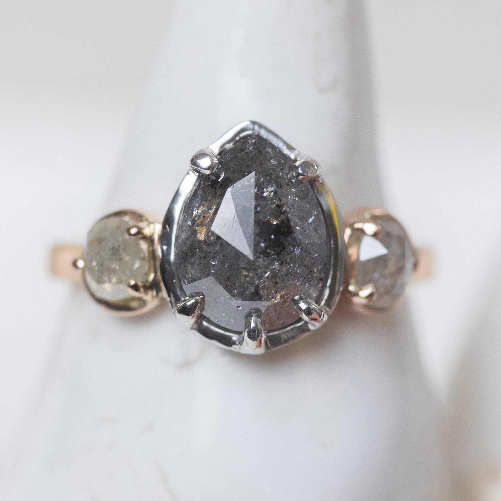 3.50cttw Pear and Round Rosecuts <br><b> Ileava Jewelry </b>| Salt and Pepper Pear Ring
