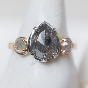 3.50cttw Pear and Round Rosecuts <br><b> Ileava Jewelry </b>| Salt and Pepper Pear Ring