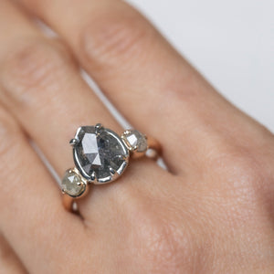 3.50cttw Pear and Round Rosecuts <br><b> Ileava Jewelry </b>| Salt and Pepper Pear Ring