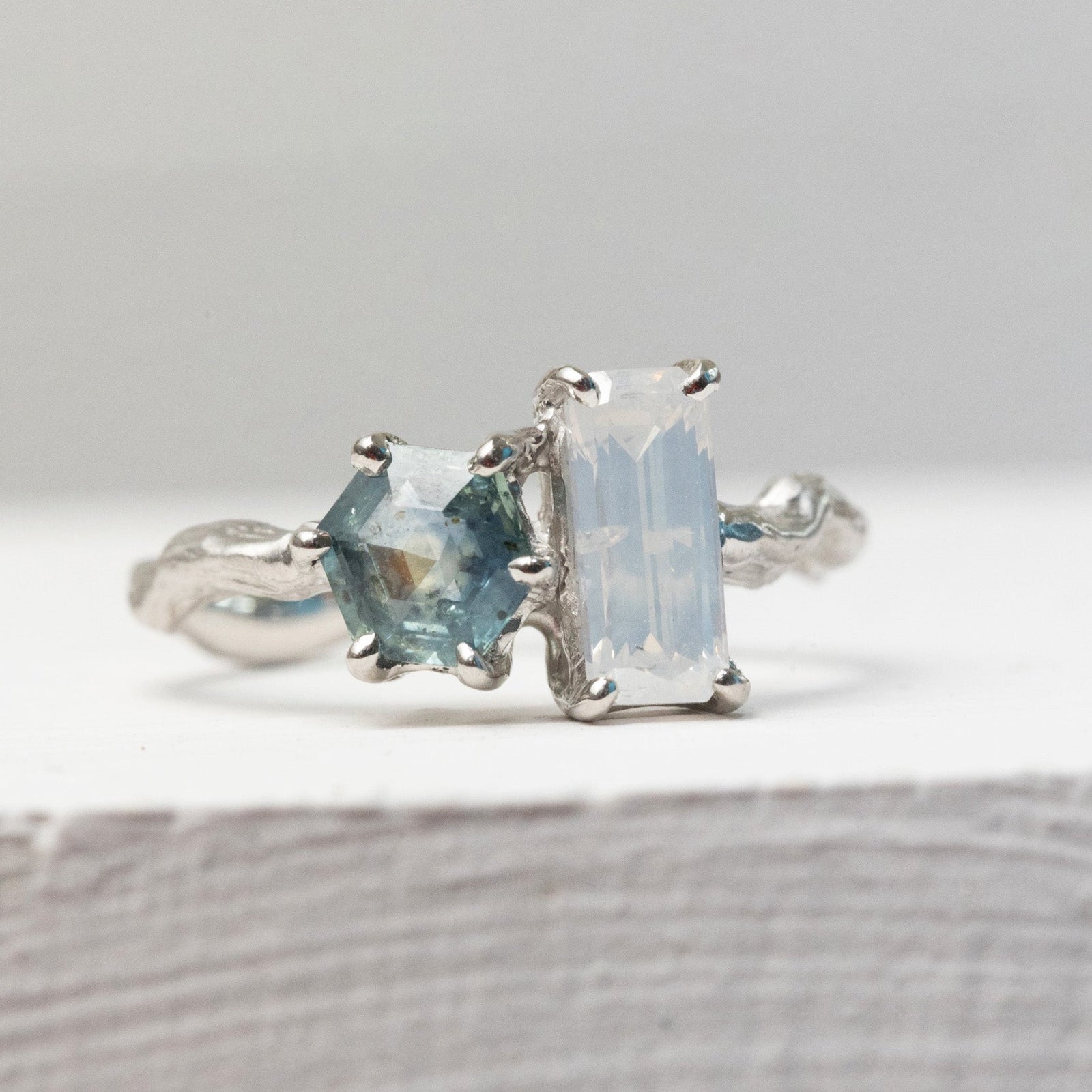 1.04ct Cut Corner Rectangle Brilliant Diamond + 0.87ct Hexagon Step Cut Sapphire <br><b> Ileava Jewelry </b>| Branch - Toi et Moi Ring