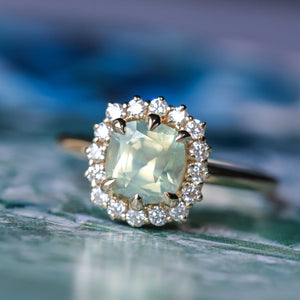 2.18ct"Old Mine Cushion" cut Silky Light Green Montana Sapphire Antique-Style Diamond Halo Ring in 14k Yellow Gold
