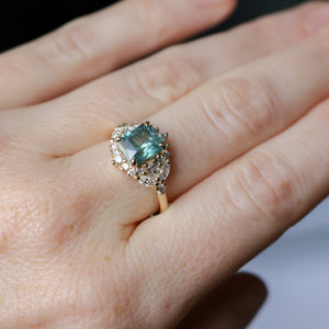 2.70ct Untreated Radiant Cut Montana Sapphire and Diamond Floral Halo in 14k Yellow Gold