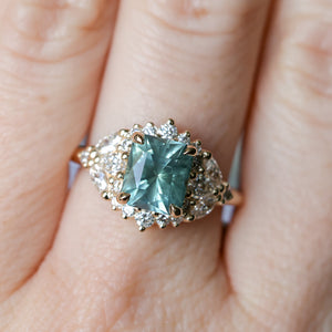 2.70ct Untreated Radiant Cut Montana Sapphire and Diamond Floral Halo in 14k Yellow Gold