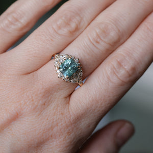 2.70ct Untreated Radiant Cut Montana Sapphire and Diamond Floral Halo in 14k Yellow Gold